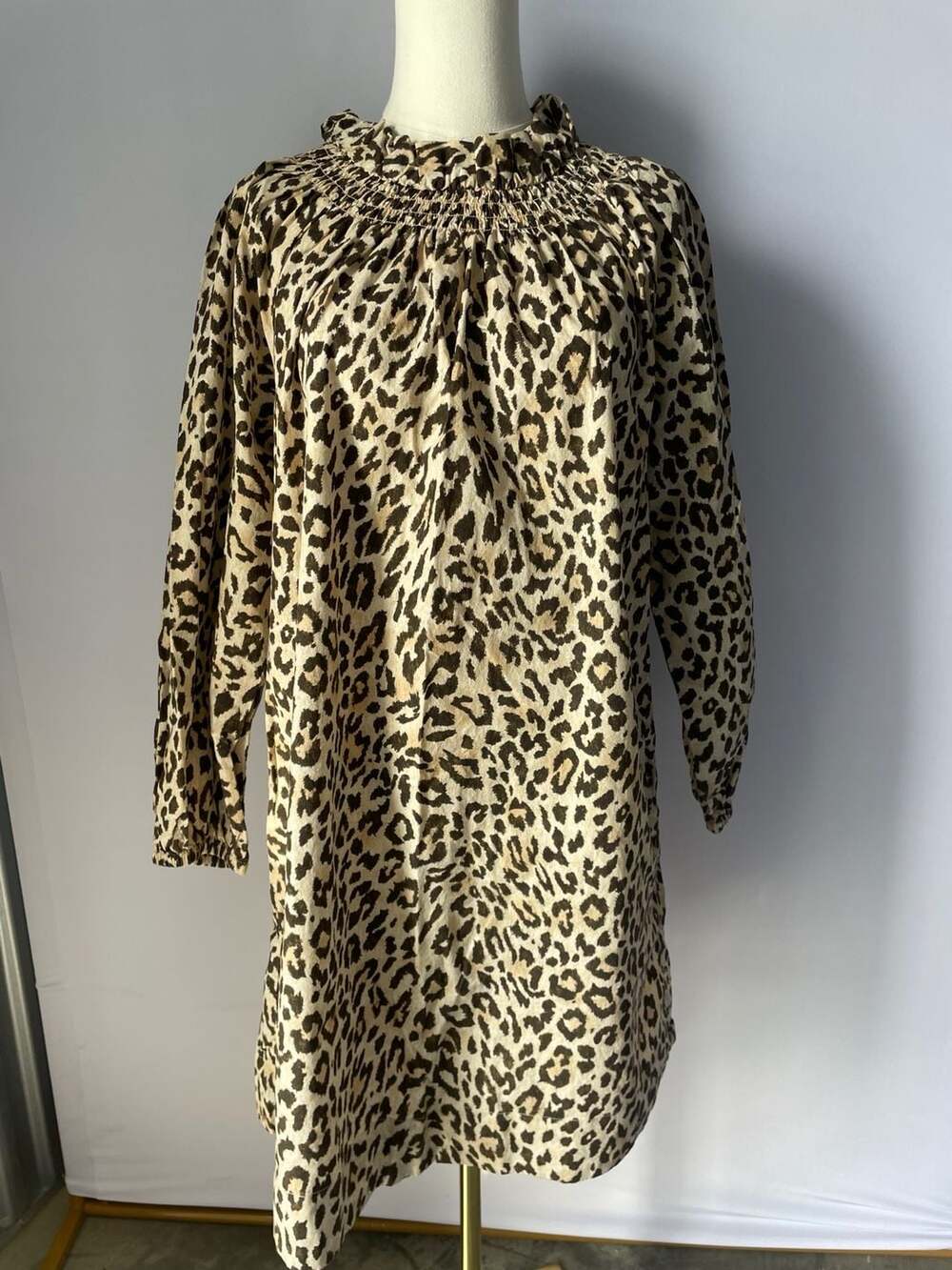 J.Crew Leopard Print Smocked Ruffle Neck Dress